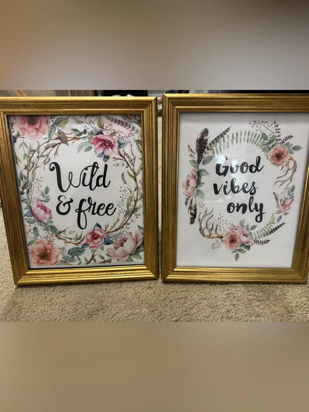 Set of 2 Floral 'Good Vibes Only' and 'Wild & Free' Gold Framed Wall Art 8x10